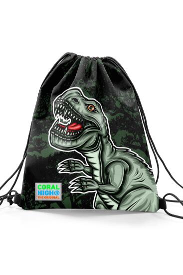 Coral High Kids Koyu Yeşil Siyah Dinozor Desenli İpli Büzgülü Sırt Çantası 22475 - 2