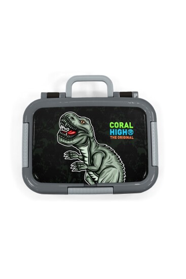 Coral High Kids Koyu Yeşil Siyah Dinozor Desenli Paslanmaz Çelik Beslenme Kabı 39241 - 5