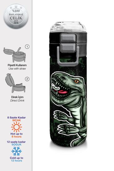 Coral High Kids Koyu Yeşil Siyah Dinozor Desenli Pipetli ve Direkt İçim Çelik Termos 500 ml 31934 - Coral High KIDS