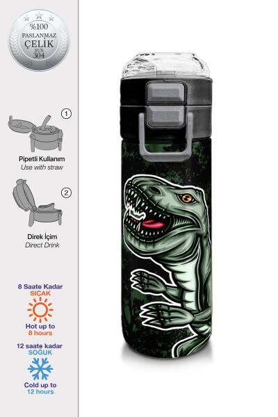 Coral High Kids Koyu Yeşil Siyah Dinozor Desenli Pipetli ve Direkt İçim Çelik Termos 500 ml 31934 - 1