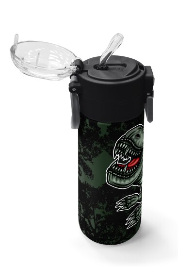 Coral High Kids Koyu Yeşil Siyah Dinozor Desenli Pipetli ve Direkt İçim Çelik Termos 500 ml 31934 - 5