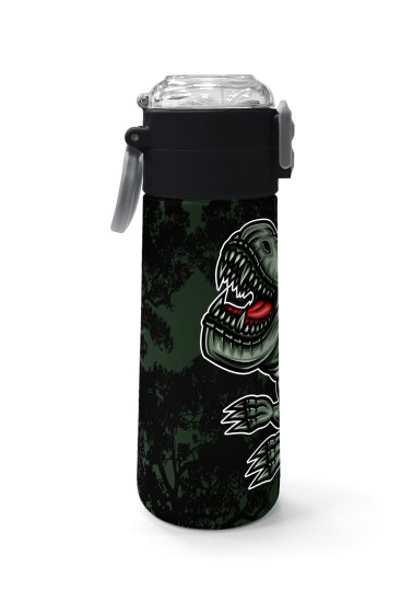 Coral High Kids Koyu Yeşil Siyah Dinozor Desenli Pipetli ve Direkt İçim Çelik Termos 500 ml 31934 - 2