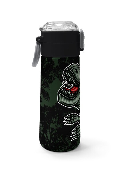 Coral High Kids Koyu Yeşil Siyah Dinozor Desenli Pipetli ve Direkt İçim Çelik Termos 500 ml 31934 - 2