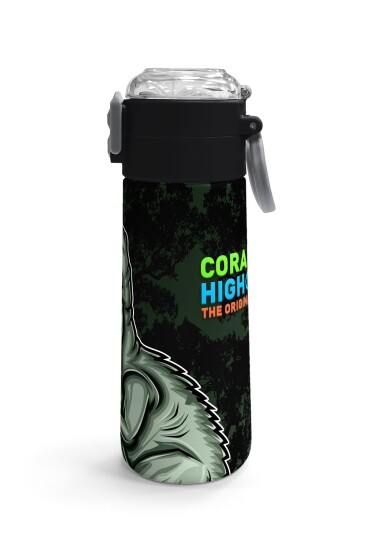 Coral High Kids Koyu Yeşil Siyah Dinozor Desenli Pipetli ve Direkt İçim Çelik Termos 500 ml 31934 - 3