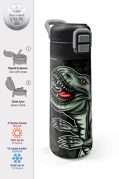 Coral High Kids Koyu Yeşil Siyah Dinozor Desenli Pipetli ve Direkt İçim Çelik Termos 500 ml 31934 - 1