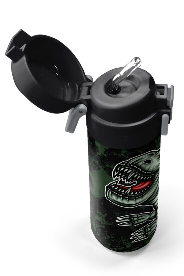 Coral High Kids Koyu Yeşil Siyah Dinozor Desenli Pipetli ve Direkt İçim Çelik Termos 500 ml 31934 - 2