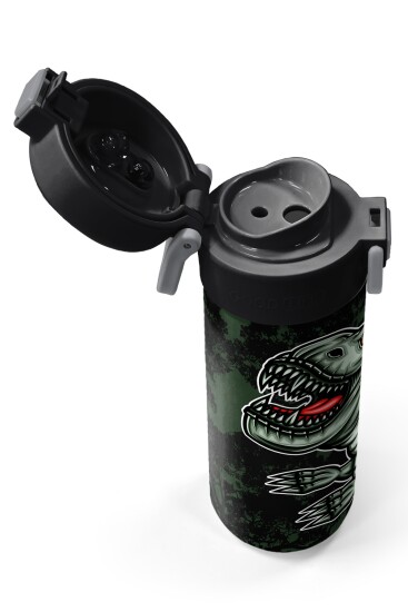 Coral High Kids Koyu Yeşil Siyah Dinozor Desenli Pipetli ve Direkt İçim Çelik Termos 500 ml 31934 - 3