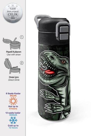 Coral High Kids Koyu Yeşil Siyah Dinozor Desenli Pipetli ve Direkt İçim Çelik Termos 500 ml 31934 