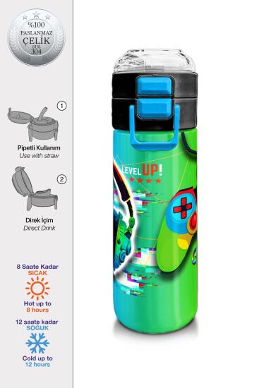 Coral High Kids Kulaklık Game Desenli Pipetli ve Direkt İçim Çelik Termos 500 ml 31841 - Coral High KIDS