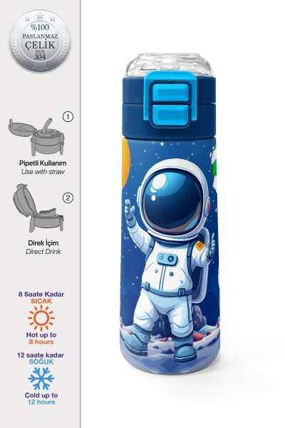Coral High Kids Lacivert Astronot Desenli Pipetli ve Direkt İçim Çelik Termos 500 ml 38134 - 1