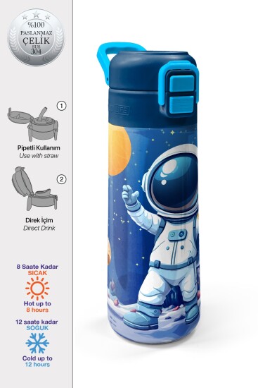 Coral High Kids Lacivert Astronot Desenli Pipetli ve Direkt İçim Çelik Termos 500 ml 38134 - 1