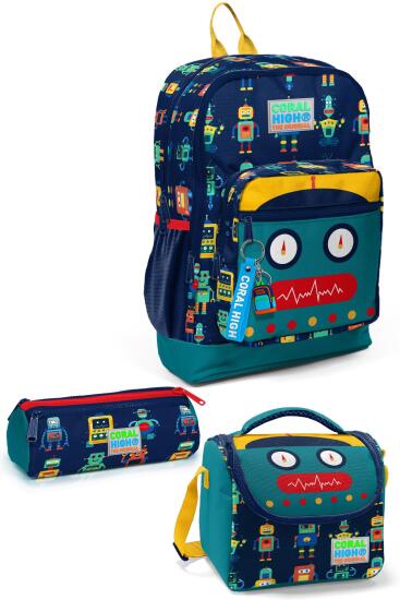 Coral High Kids Lacivert Çivit Robot Desenli 3’lü Okul Çanta Seti SET0123472 