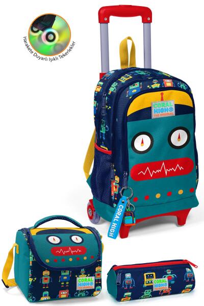 Coral High Kids Lacivert Çivit Robot Desenli Çekçekli 3'lü Çanta Seti SET0123380 - 1