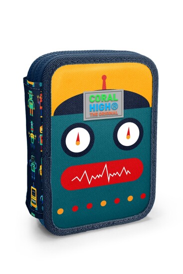 Coral High Kids Lacivert Çivit Robot Desenli Çift Katlı Kalem Çanta 31121 - Coral High