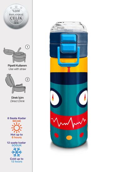 Coral High Kids Lacivert Çivit Robot Desenli Pipetli ve Direkt İçim Çelik Termos 500 ml 31918 - Coral High KIDS