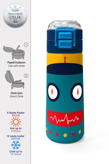 Coral High Kids Lacivert Çivit Robot Desenli Pipetli ve Direkt İçim Çelik Termos 500 ml 31918 - Coral High KIDS