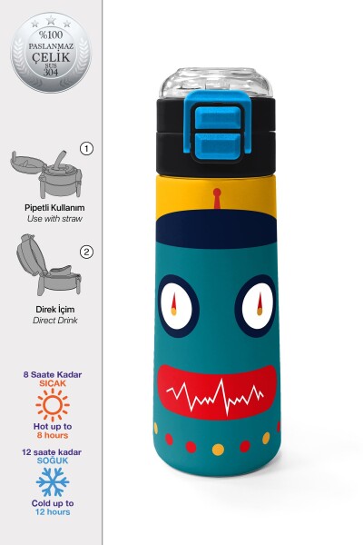 Coral High Kids Lacivert Çivit Robot Desenli Pipetli ve Direkt İçim Çelik Termos 500 ml 31918 - 1
