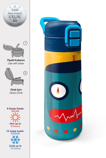 Coral High Kids Lacivert Çivit Robot Desenli Pipetli ve Direkt İçim Çelik Termos 500 ml 31918 