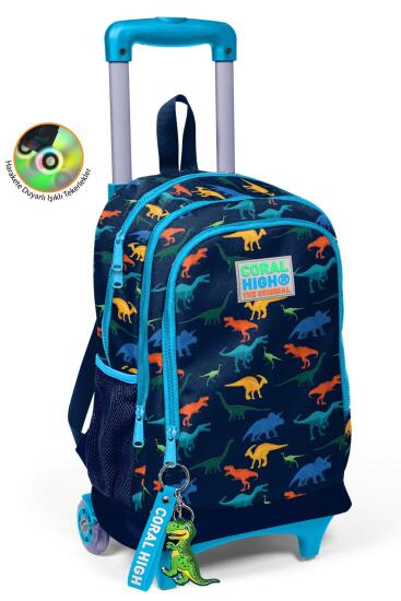 Coral High Kids Lacivert Mavi Dinozor Desenli Üç Bölmeli Çekçekli Okul Sırt Çantası 23135 