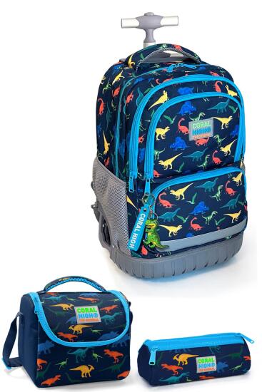 Coral High Kids Lacivert Dinozor Desenli Çekçekli 3'lü Çanta Seti SET0124024 