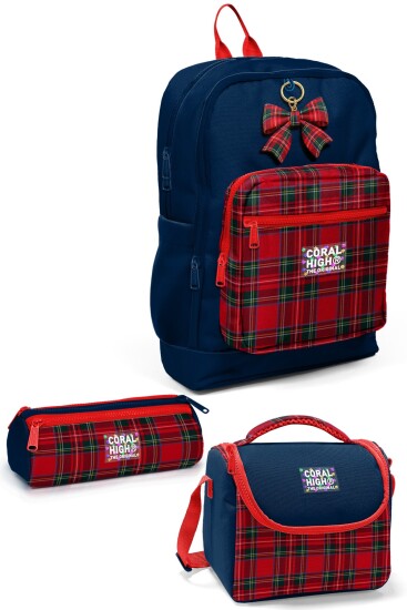 Coral High Kids Lacivert Ekose Fiyonk Desenli 3’lü Okul Çanta Seti SET0133207 