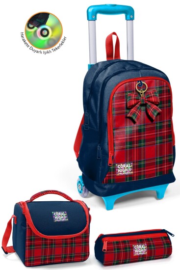 Coral High Kids Lacivert Ekose Fiyonk Desenli Çekçekli 3'lü Çanta Seti SET0134007 - 1