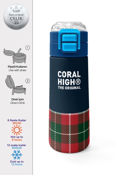 Coral High Kids Lacivert Ekose Fiyonk Desenli Pipetli ve Direkt İçim Çelik Termos 500 ml 38107 - 1