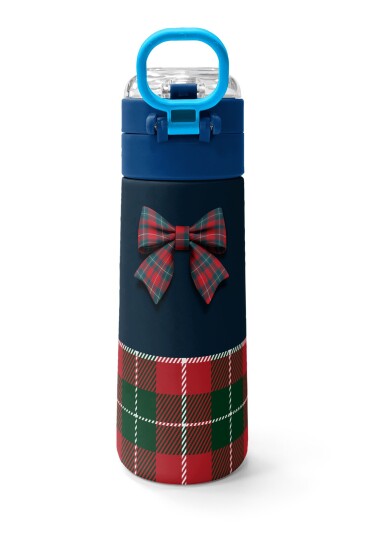 Coral High Kids Lacivert Ekose Fiyonk Desenli Pipetli ve Direkt İçim Çelik Termos 500 ml 38107 - 4