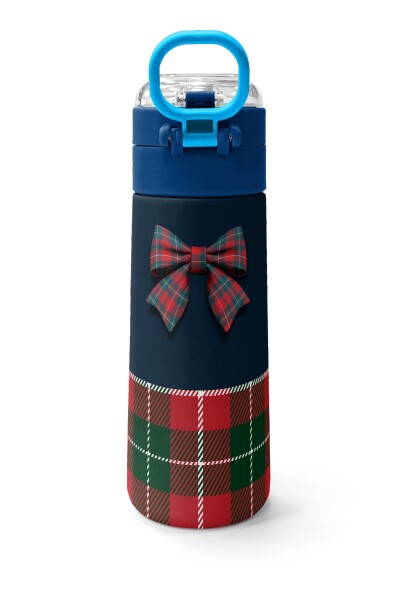 Coral High Kids Lacivert Ekose Fiyonk Desenli Pipetli ve Direkt İçim Çelik Termos 500 ml 38107 - 4