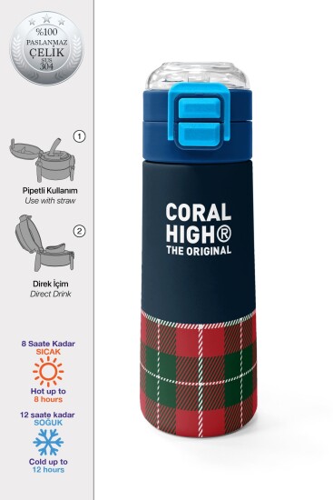 Coral High Kids Lacivert Ekose Fiyonk Desenli Pipetli ve Direkt İçim Çelik Termos 500 ml 38107 - 1