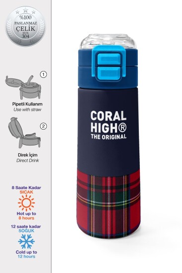 Coral High Kids Lacivert Ekose Fiyonk Desenli Pipetli ve Direkt İçim Çelik Termos 500 ml 38107 