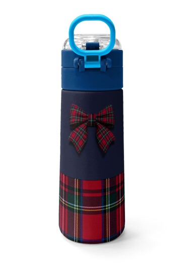 Coral High Kids Lacivert Ekose Fiyonk Desenli Pipetli ve Direkt İçim Çelik Termos 500 ml 38107 - 4