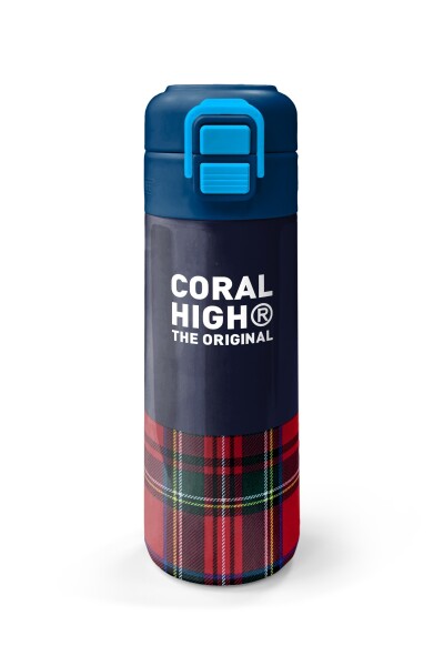 Coral High Kids Lacivert Ekose Fiyonk Desenli Pipetli ve Direkt İçim Çelik Termos 500 ml 38107 - 4
