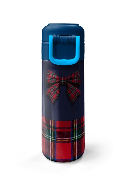 Coral High Kids Lacivert Ekose Fiyonk Desenli Pipetli ve Direkt İçim Çelik Termos 500 ml 38107 - 7