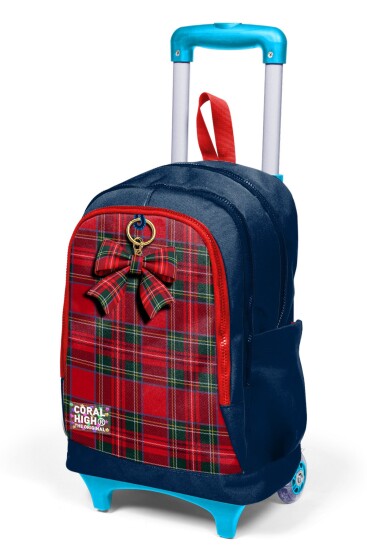 Coral High Kids Lacivert Ekose Fiyonk Desenli Üç Bölmeli Çekçekli Okul Sırt Çantası 34007 - 6