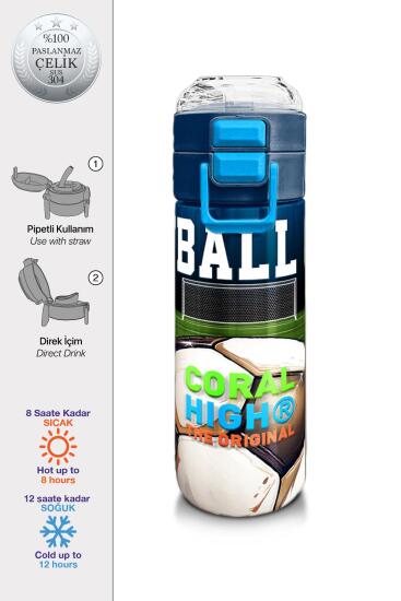 Coral High Kids Lacivert Futbol Desenli Pipetli ve Direkt İçim Çelik Termos 500 ml 31995 - Coral High KIDS