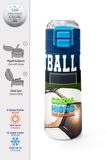 Coral High Kids Lacivert Futbol Desenli Pipetli ve Direkt İçim Çelik Termos 500 ml 31995 - Coral High KIDS