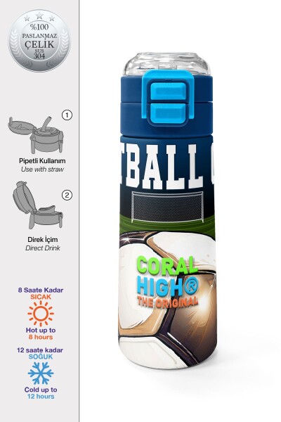 Coral High Kids Lacivert Futbol Desenli Pipetli ve Direkt İçim Çelik Termos 500 ml 31995 - 1