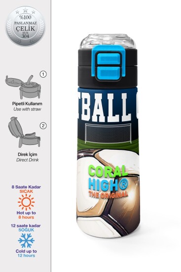 Coral High Kids Lacivert Futbol Desenli Pipetli ve Direkt İçim Çelik Termos 500 ml 31995 - Coral High KIDS