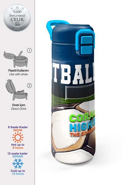 Coral High Kids Lacivert Futbol Desenli Pipetli ve Direkt İçim Çelik Termos 500 ml 31995 - 1