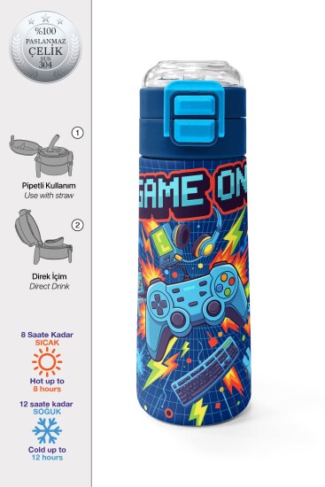 Coral High Kids Lacivert Game Desenli Pipetli ve Direkt İçim Çelik Termos 500 ml 31833 - 1