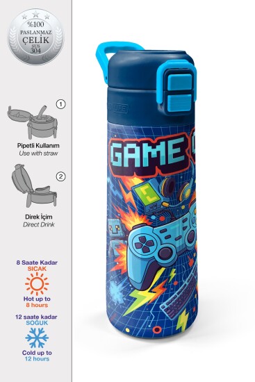 Coral High Kids Lacivert Game Desenli Pipetli ve Direkt İçim Çelik Termos 500 ml 31833 