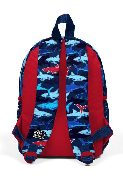 Minik Yuva Sırt Çantası Lacivert Kırmızı Köpek Balığı Desenli İki Bölmeli 23518 - 4