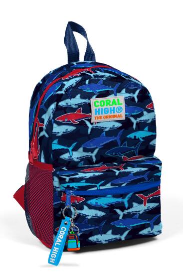 Minik Yuva Sırt Çantası Lacivert Kırmızı Köpek Balığı Desenli İki Bölmeli 23518 