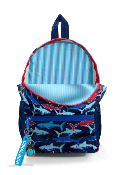 Minik Yuva Sırt Çantası Lacivert Kırmızı Köpek Balığı Desenli İki Bölmeli 23518 - 3