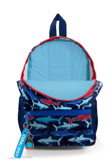 Minik Yuva Sırt Çantası Lacivert Kırmızı Köpek Balığı Desenli İki Bölmeli 23518 - 3