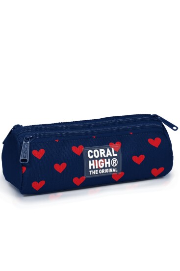 Coral High Kids Lacivert Kırmızı Kalp Desenli Üç Bölmeli Kalem Çantası 31029 