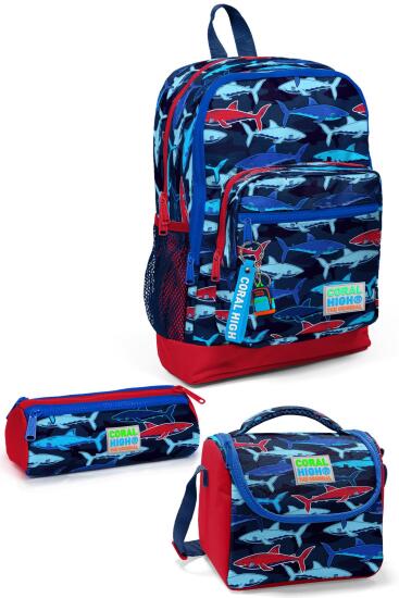 Coral High Kids Lacivert Kırmızı Köpek Balığı Desenli 3’lü Okul Çanta Seti SET0123718 