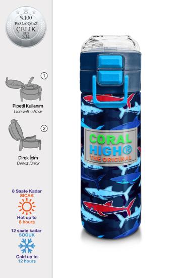 Coral High Kids Lacivert Kırmızı Köpek Balığı Desenli Pipetli ve Direkt İçim Çelik Termos 500 ml 31930 - Coral High KIDS