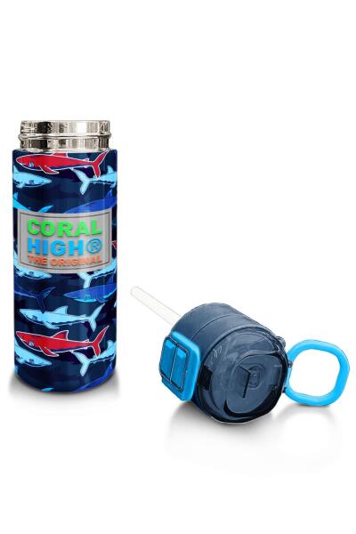 Coral High Kids Lacivert Kırmızı Köpek Balığı Desenli Pipetli ve Direkt İçim Çelik Termos 500 ml 31930 - 4